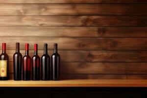 Bottles of red wine on a wooden shelf. Copy space for winery. AI Generative photo