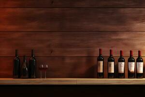 Bottles of red wine on a wooden shelf. Copy space for winery. AI Generative photo