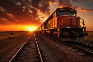 carga tren a puesta de sol. internacional tren transporte foto