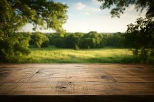 Empty wood table top and blurred garden with bokeh and sunlight. Product and food display. Generative ai. photo