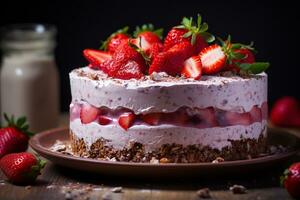 Strawberry pudding cake with yogurt on wooden table. Generative ai. photo