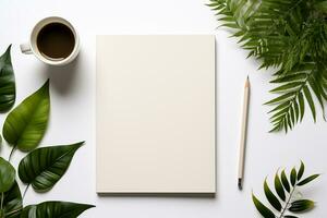 notepad pencil and green leaf pot palnt with coffee cup on white. Generative ai. photo