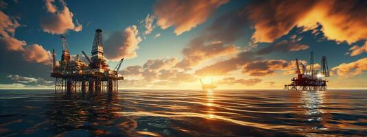 Panorama Offshore Jack Up Rig in The Middle of The Sea at Sunset. Generative ai. photo