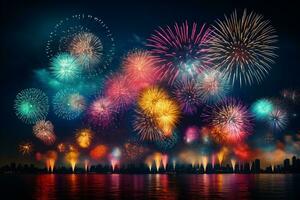 Beautiful fireworks and colourful on dark night sky background. Generative ai. photo