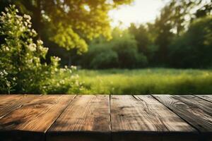 Empty wood table top and blurred garden with bokeh and sunlight. Product and food display. Generative ai. photo