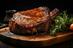 Roasted pork steak on the dark wooden surface. Generative AI photo