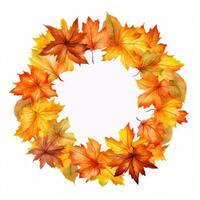 Round frame with orange and yellow maple leaves. Autumn wreath. Generative AI photo
