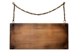Old wooden sign hanging on a chain. AI Generative photo