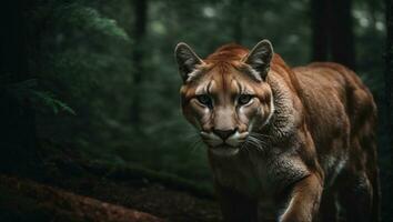 Cougar in the dark forest photo