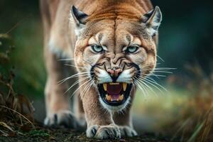 Roaring cougar or mountain lion hunts its prey. Generative AI photo