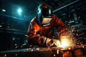 Industrial welder with torch in the factory photo