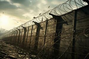 Barbed and razor wire fence. Fencing the state border against immigration photo