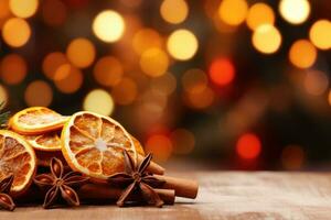 Traditional Christmas spices and dried orange slices on holiday light background. Christmas spices decoration photo