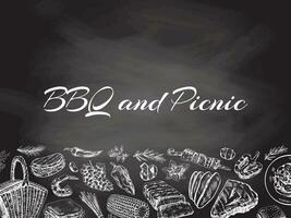 Vintage monochrome barbecue and picnic template with an empty space, hand-drawn on chalkboard background.  For the design of the menu of restaurants and cafes, grilled food. vector