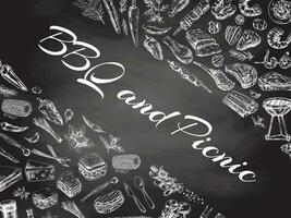 Vintage monochrome barbecue and picnic template with an empty space, hand-drawn on chalkboard background.  For the design of the menu of restaurants and cafes, grilled food. vector