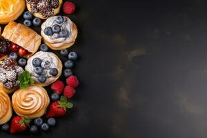 dulce Pastelería comida en gris antecedentes con Copiar espacio, parte superior vista. generativo ai. foto