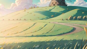 Green Pasteur Grass Field Illustration Anime Manga Visual Novel Background Wallpaper photo