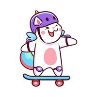 dibujos animados kawaii caticorn gato montando patineta vector