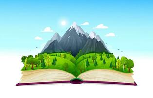 Open nature book mountains and forest landscape vector