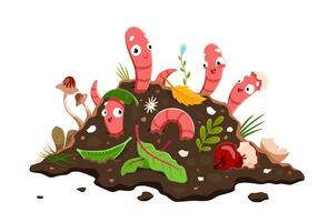 Cartoon funny earth worms vermicomposting in soil vector