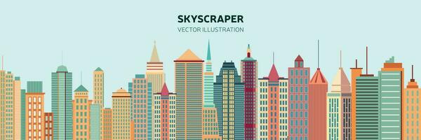 Horizontal long banner with skyscrapers. Business banner with skyscraper. Vector illustration.