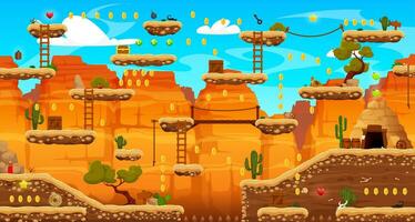 arcada juego nivel mapa, salvaje Oeste rocas plataformas vector