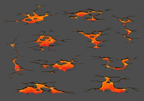 Volcano lava, magma fire ground cracks cartoon set