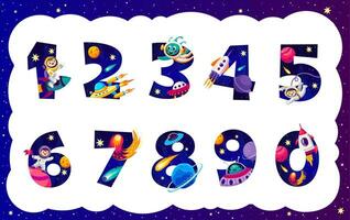 Cartoon galaxy space numbers, math game elements vector