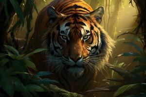 Portrait of Sumatran tiger in a jungle. AI Generative photo