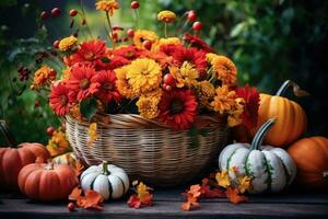 Wicker basket with colorful autumn flowers and pumpkin decoration. Thanksgiving concept. photo