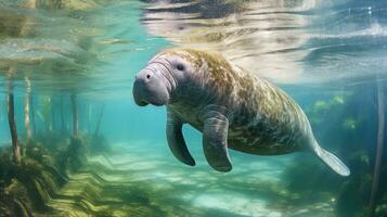 Florida manatee in clear water. Generative AI photo