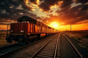 carga tren a puesta de sol. internacional tren transporte foto
