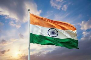 Indian flag waving on blue sky background. AI Generative photo