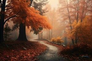 Magic autumn forest with walking path, beautiful autumn landscape. photo