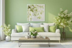 Modern green living room design with sofa and furniture with flowers. Generative AI photo