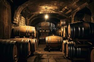 Old oak wooden barrels in underground cellars for maturing wine or whiskey. AI Generative photo