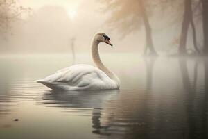 Floating white swan on a foggy lake. AI Generative photo