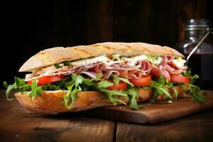 Sandwich with prosciutto, tomato and cheese on a wooden rustic background. Generative AI photo