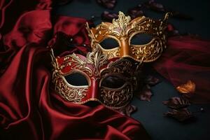 Festive Venetian carnival mask with gold decorations on red background. AI Generative photo