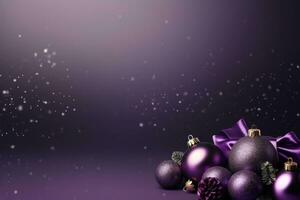 Christmas decorations with purple christmas balls and place for text. Generative AI photo