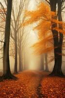 Magic autumn forest with walking path, beautiful autumn landscape. photo
