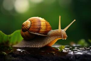 macro Disparo de un caracol en el césped después el lluvia. ai generativo foto