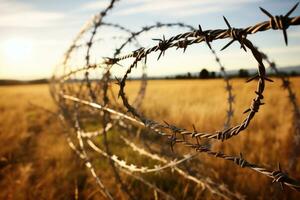 Barbed and razor wire fence. Fencing the state border against immigration photo