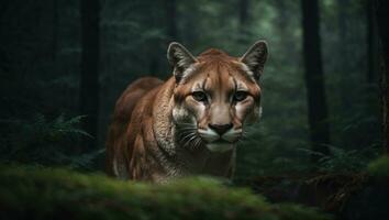 Cougar in the dark forest photo