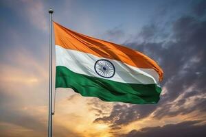 Indian flag waving on blue sky background. AI Generative photo