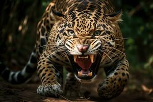 Roaring jaguar in the rainforest. Generative AI photo