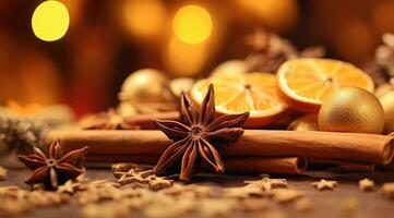 Traditional Christmas spices and dried orange slices on holiday light background. Christmas spices decoration photo