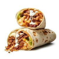 Tortilla wraps with meat, bacon, salad and mayonnaise. AI Generative photo