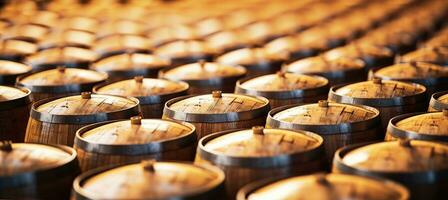 Wooden oak Port barrels in neat rows. Generative AI photo