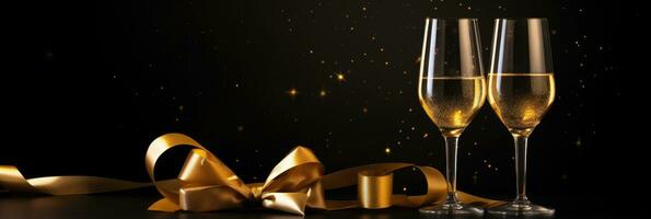 Sparkling wine or champagne glasses and gold ribbon on dark black table background. Happy New Year, New Year's Eve or Christmas and celebration party photo